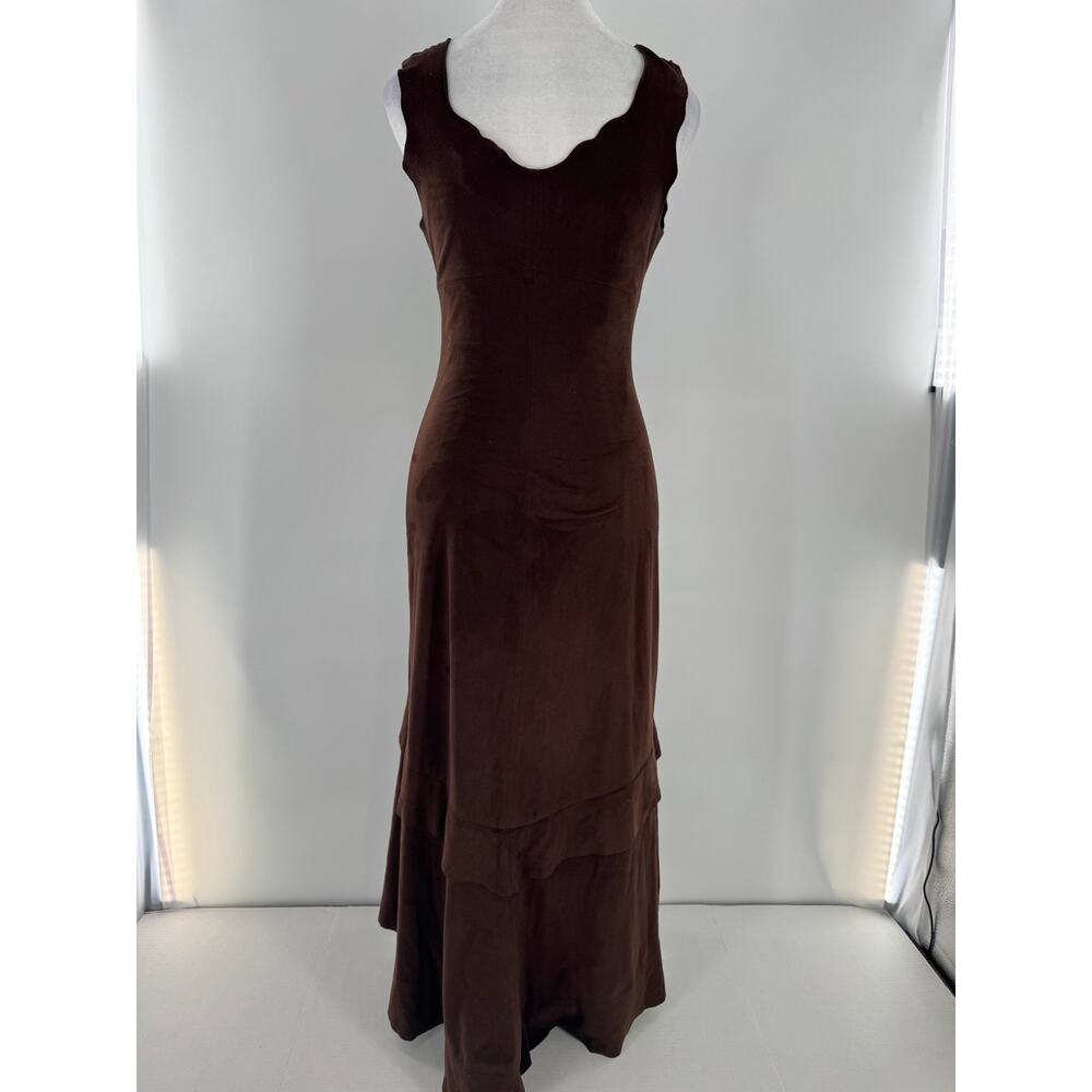 Bebe Vintage Y2K Brown Faux Suede Maxi Dress XS Tiered Ruffle Bodycon Made USA - Picture 4 of 10